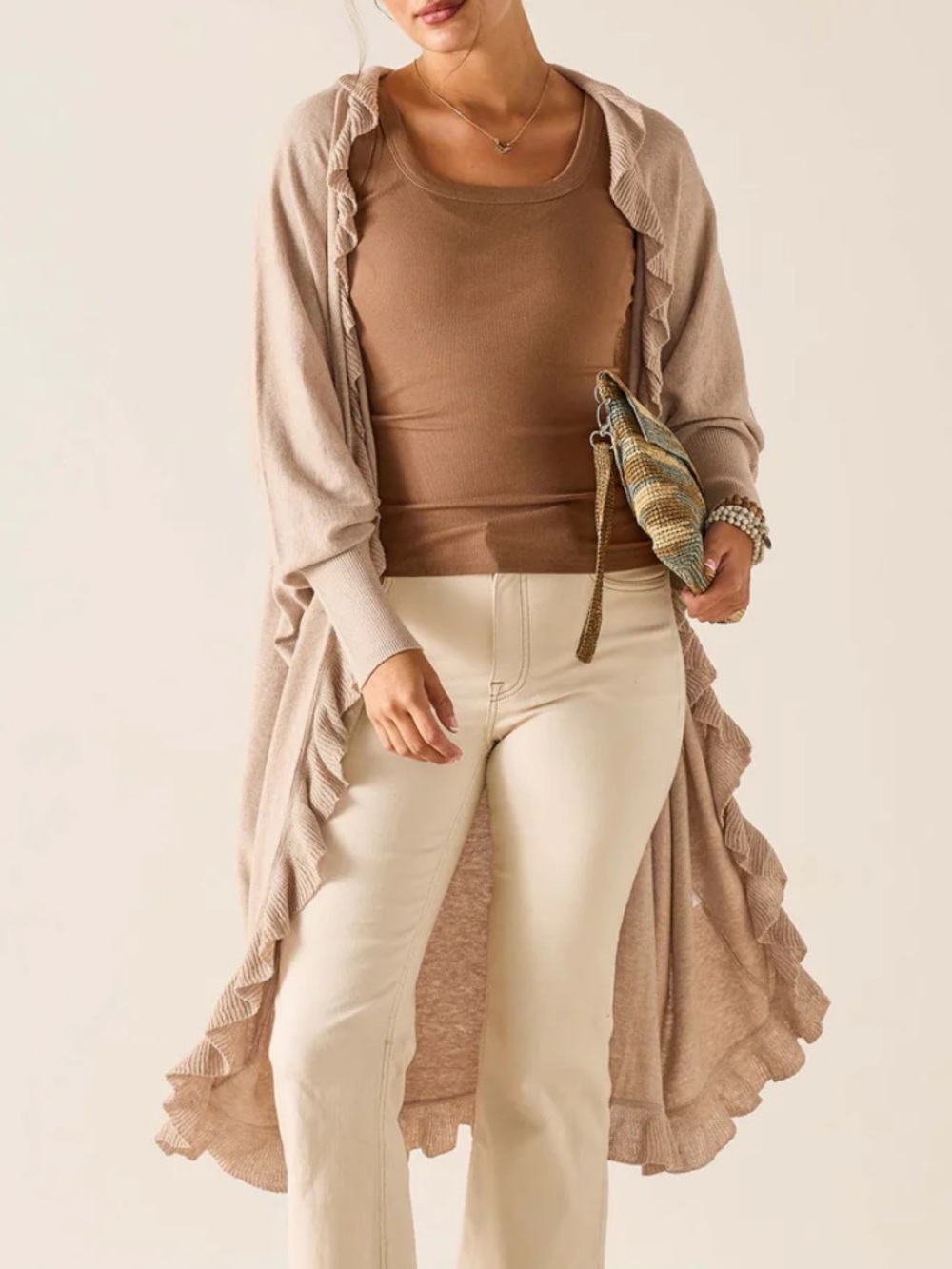Mersea Chelsea Kimono Beige Mink Ruffle Cotton Cashmere Blend Longline Duster